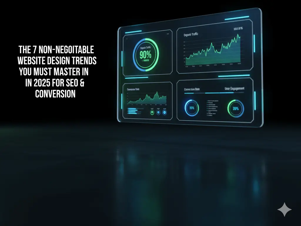 Modern digital dashboard displaying web analytics with glowing neon blue and green accents. Features charts for "Organic Traffic," "Conversion Rate," and "User Engagement," along with other UI elements. The text "The 7 Non-Negotiable Website Design Trends You Must Master in 2025 for SEO & Conversion" is clearly visible, associating the visual with futuristic web performance and design.