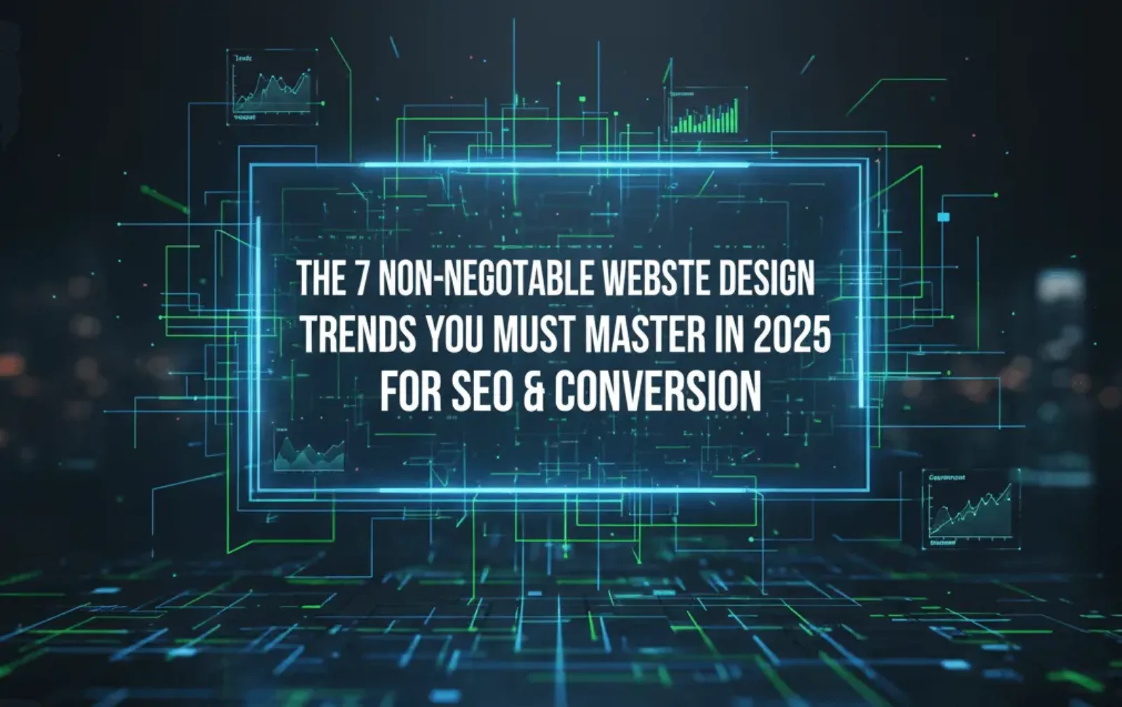 Abstract digital network glowing with neon blue and green, featuring data points and lines converging towards a central, transparent screen displaying the text: "The 7 Non-Negotiable Website Design Trends You Must Master in 2025 for SEO & Conversion." Represents the intersection of futuristic web design, SEO, and analytics.