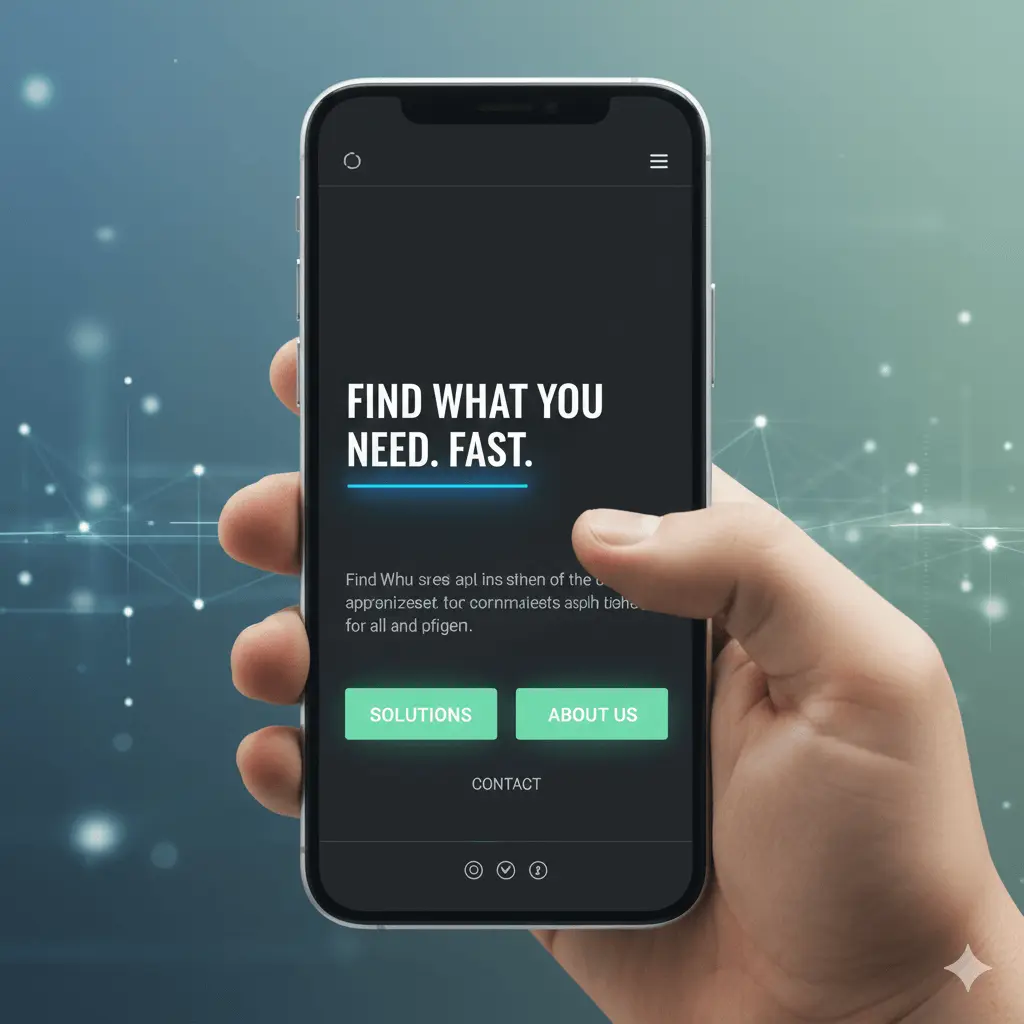 A hand holding a smartphone displaying a minimalist website interface with a clear "Find what you need. Fast." headline, a hamburger menu icon, and two prominent call-to-action buttons ("Solutions," "About Us") in neon green against a dark background, illustrating mobile-first navigation.