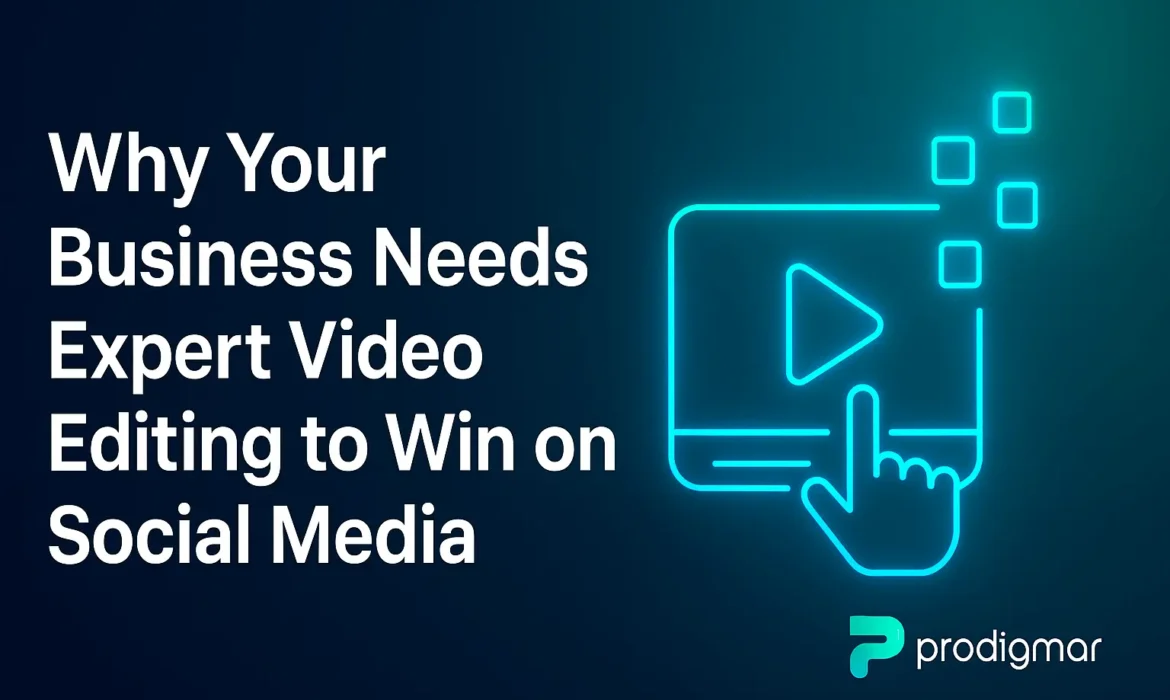 Professional video editing workspace with glowing blue and green AI-style effects representing Prodigmar’s brand design.