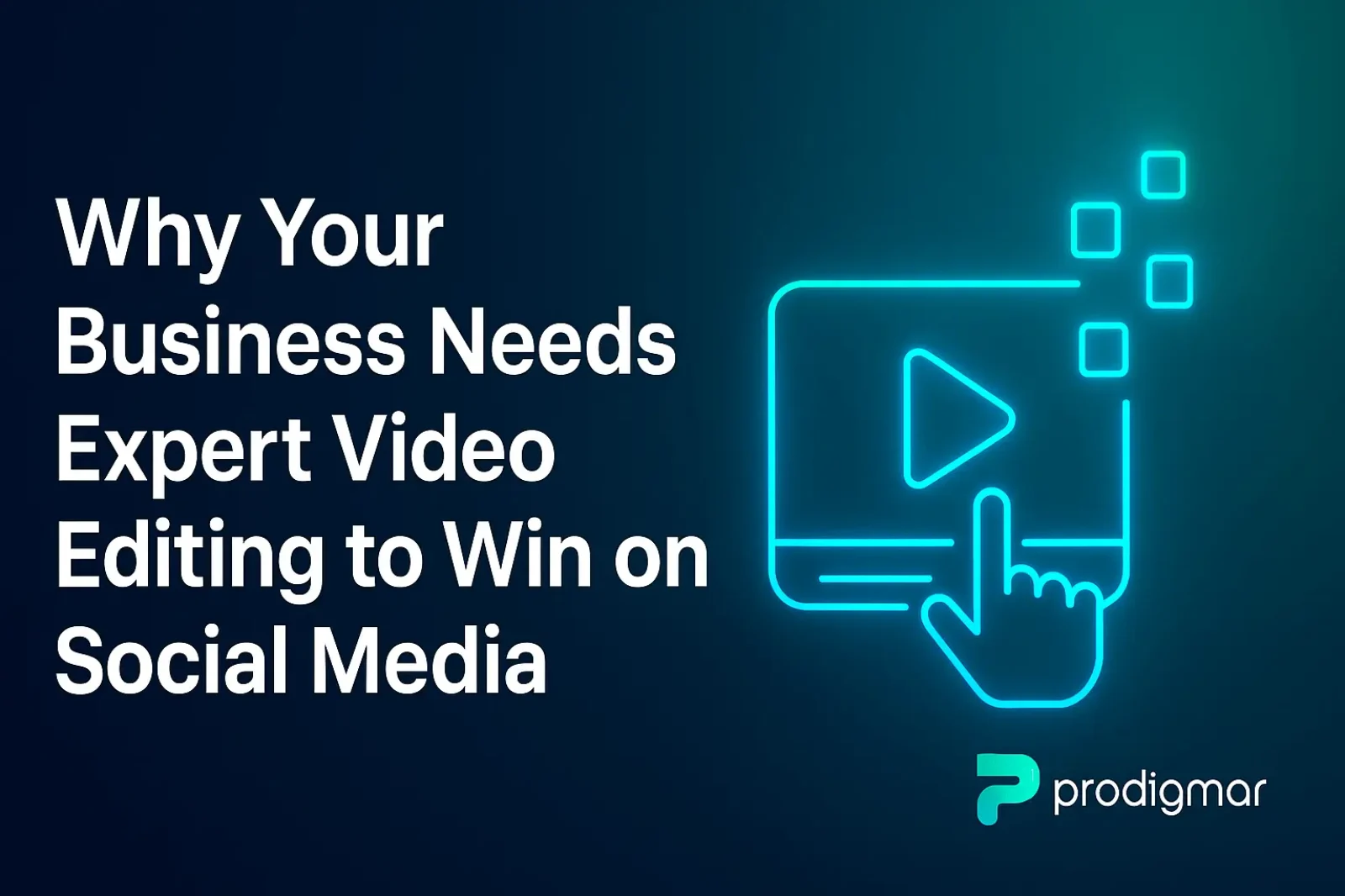 Professional video editing workspace with glowing blue and green AI-style effects representing Prodigmar’s brand design.