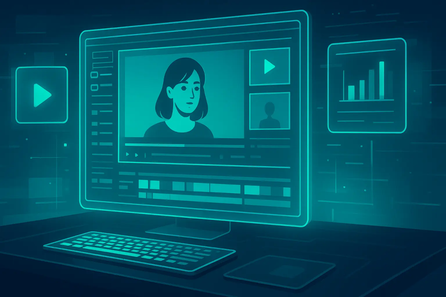 “Professional video editing workspace with glowing blue and green AI-style effects representing Prodigmar’s brand design. Professional video editing workspace with glowing blue and green AI-style effects representing Prodigmar’s brand design.