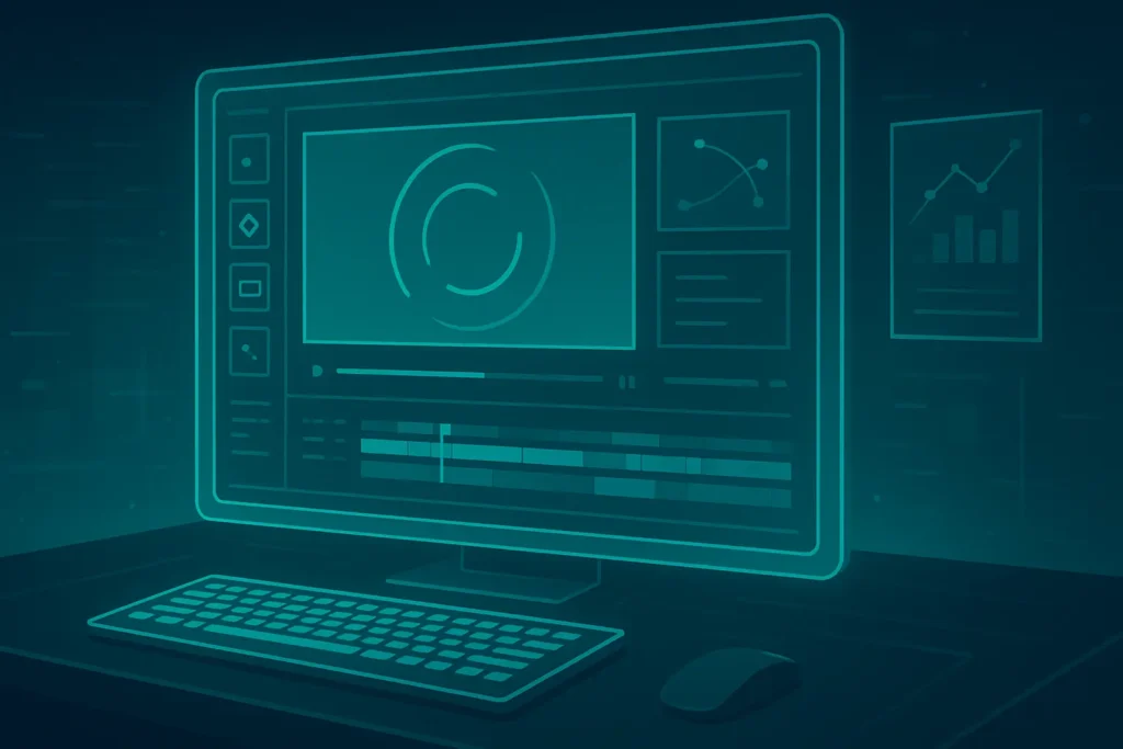 Professional video editing workspace with glowing blue and green AI-style effects representing Prodigmar’s brand design. Professional video editing workspace with glowing blue and green AI-style effects representing Prodigmar’s brand design.