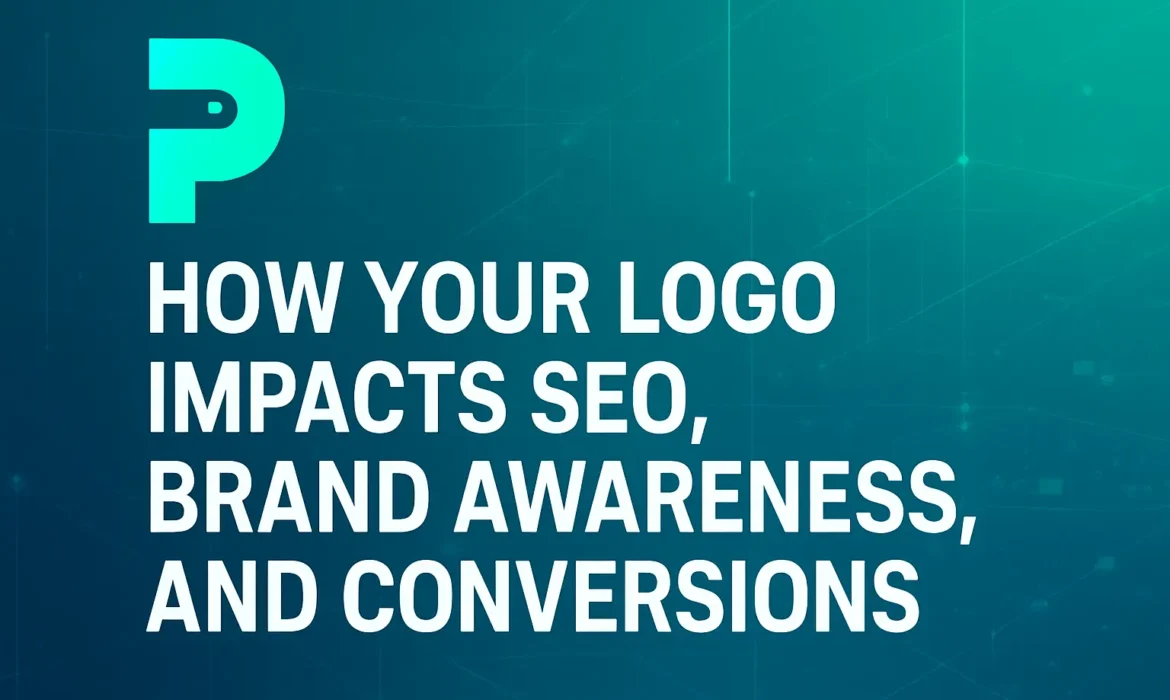 Futuristic digital illustration showing how logo design influences SEO, brand awareness, and conversions, using Prodigmar’s teal and aqua brand colors.