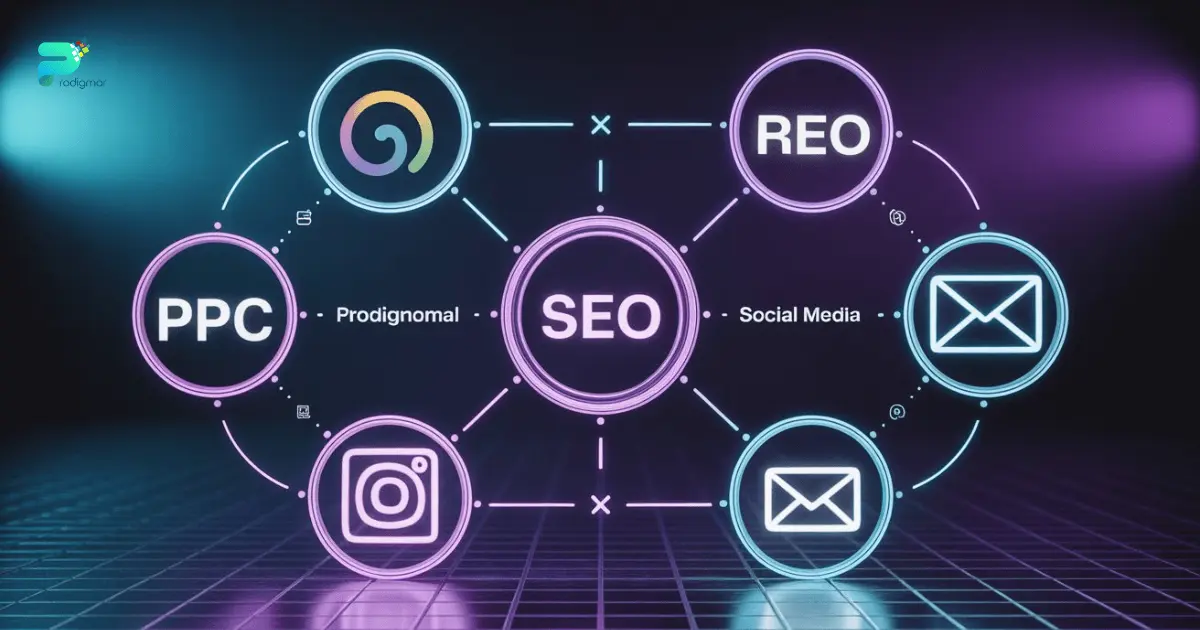 Integrated digital marketing ecosystem concept illustration Integrated digital marketing ecosystem concept illustration