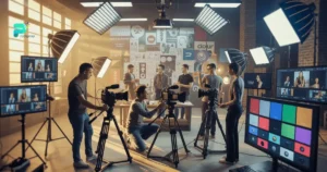 Brand video crew filming commercial in modern studio
