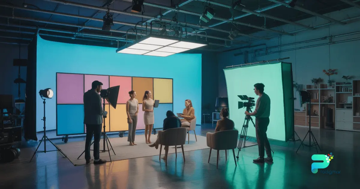 Brand video crew filming commercial in modern studio