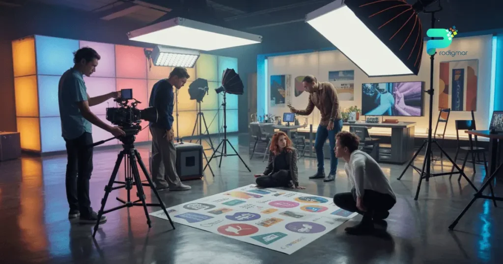 Brand video crew filming commercial in modern studio