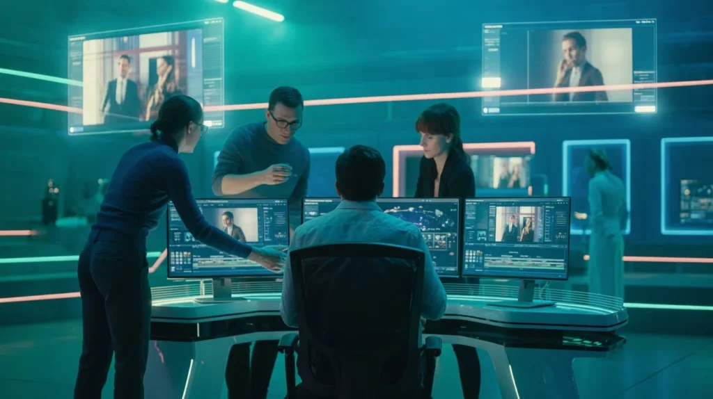 Professional video editing workspace with glowing blue and green AI-style effects representing Prodigmar’s brand design. Professional video editing workspace with glowing blue and green AI-style effects representing Prodigmar’s brand design.