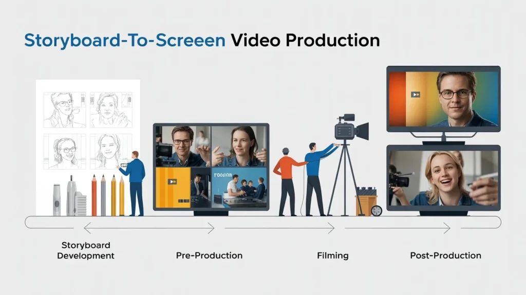 Storyboard and film crew working on brand video production