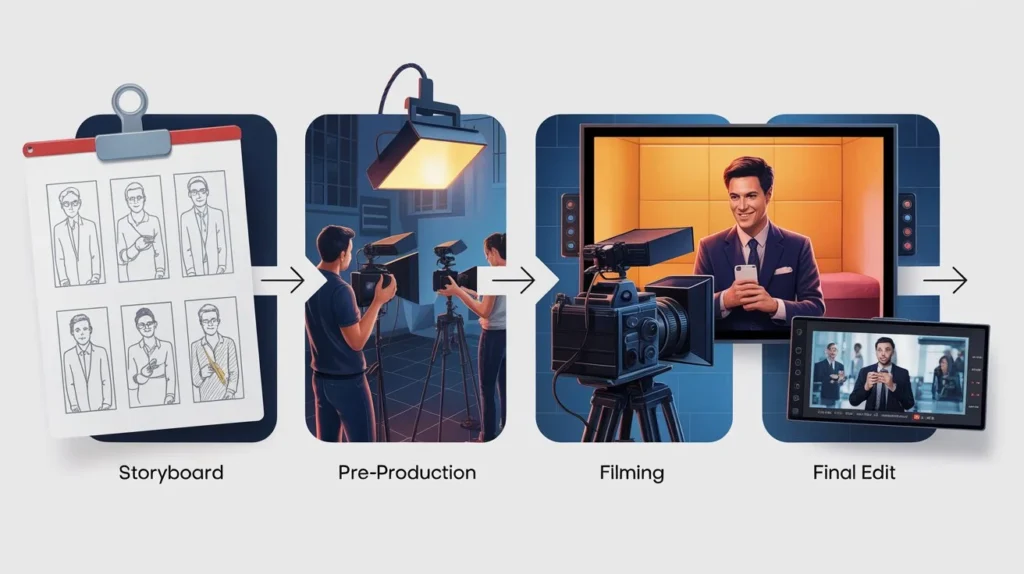 Storyboard and film crew working on brand video production