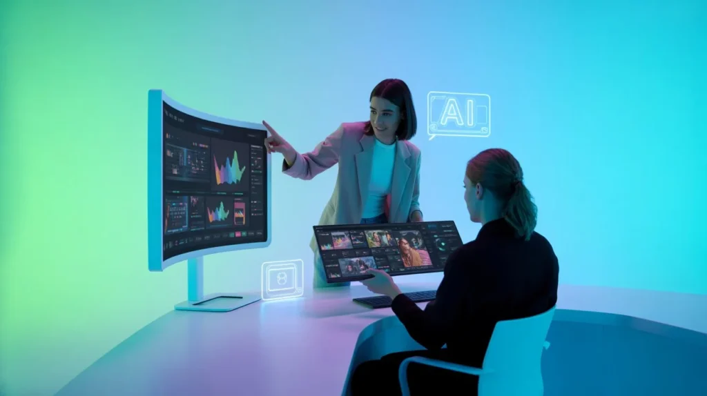 Professional video editing workspace with glowing blue and green AI-style effects representing Prodigmar’s brand design. Professional video editing workspace with glowing blue and green AI-style effects representing Prodigmar’s brand design.