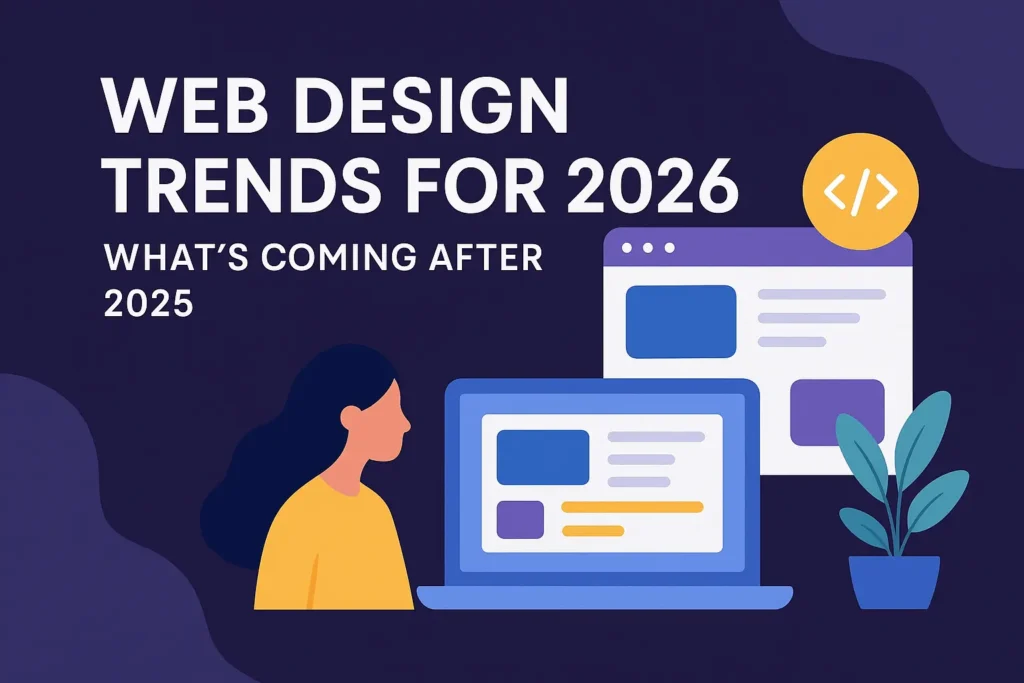 Illustration showing a woman viewing modern web design layouts on a laptop and browser window, with the blog title “Web Design Trends for 2026: What’s Coming After 2025” displayed in bold typography.