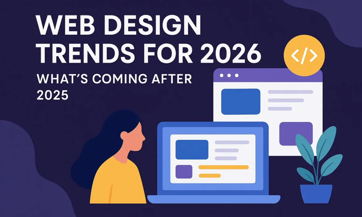 Illustration showing a woman viewing modern web design layouts on a laptop and browser window, with the blog title “Web Design Trends for 2026: What’s Coming After 2025” displayed in bold typography.