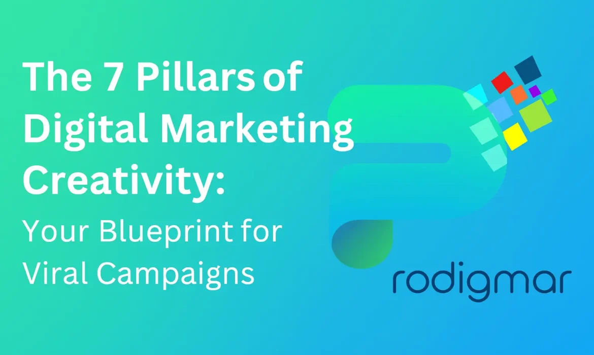 Prodigmar banner featuring the gradient P logo in green–blue colors with colorful digital squares, alongside the title ‘The 7 Pillars of Digital Marketing Creativity: Your Blueprint for Viral Campaigns’ on a smooth turquoise background.
