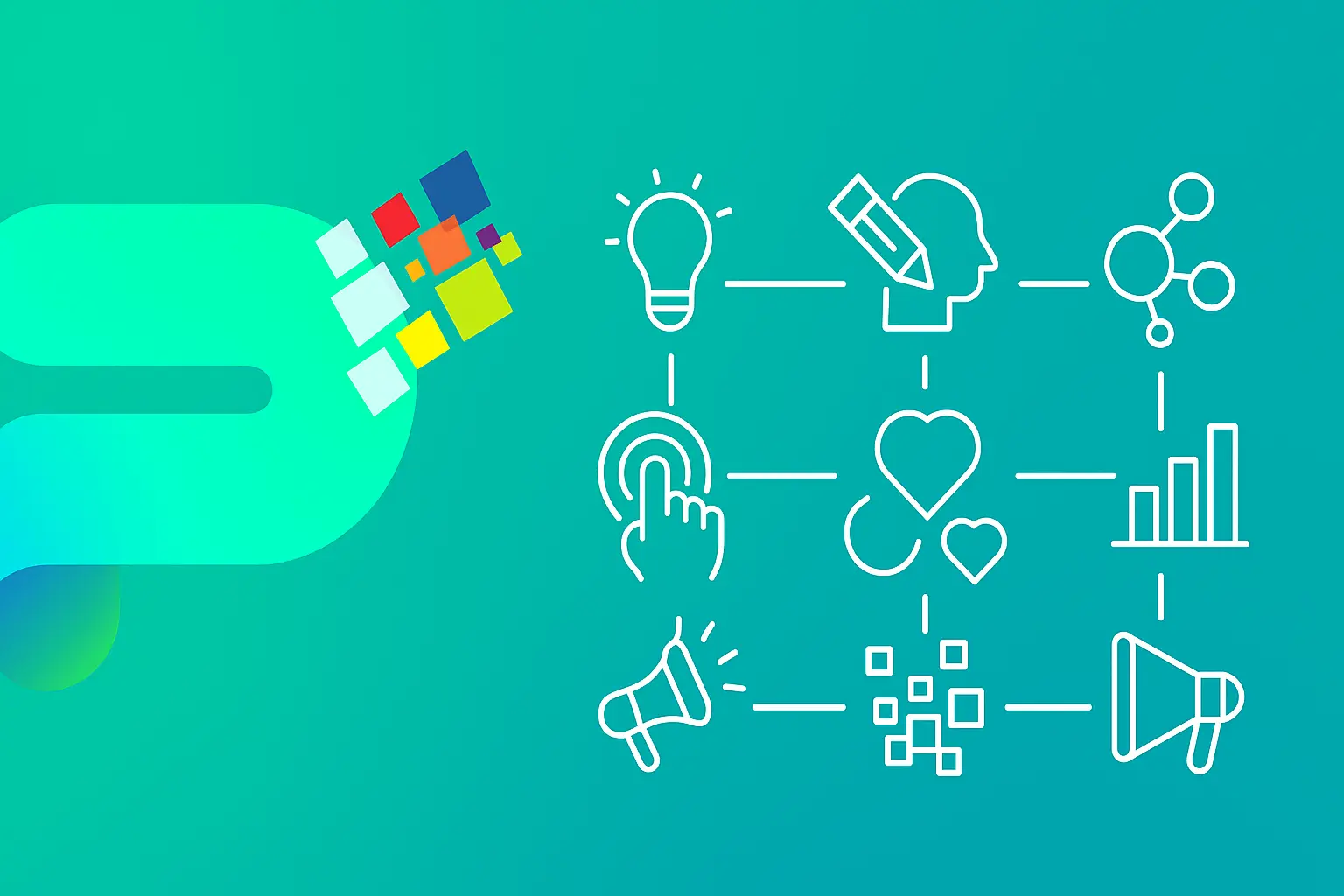 Prodigmar banner featuring the gradient P logo in green–blue colors with colorful digital squares, alongside the title ‘The 7 Pillars of Digital Marketing Creativity: Your Blueprint for Viral Campaigns’ on a smooth turquoise background.