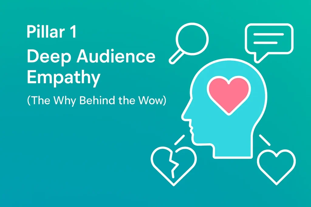 Modern infographic illustrating Pillar 1: Deep Audience Empathy, featuring a human head with a heart icon inside, surrounded by symbols like a magnifying glass, speech bubble, and emotional heart icons, all displayed on a turquoise gradient background aligned with Prodigmar’s brand colors.
