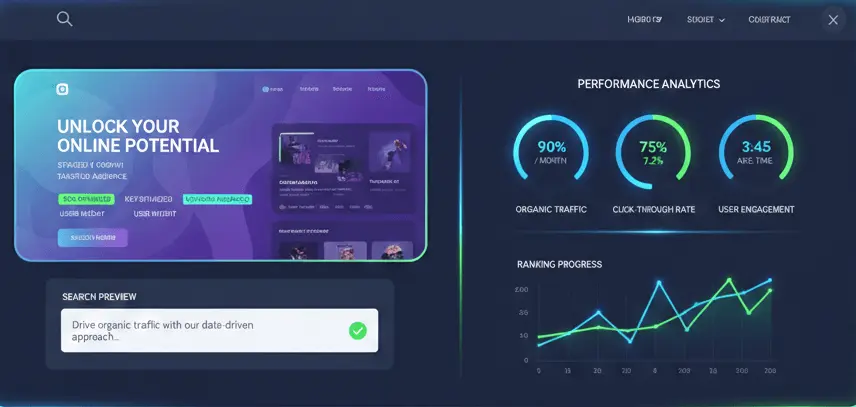 Futuristic website dashboard showing SEO-optimized content, keyword highlights, user engagement stats, and search ranking indicators in a clean, professional interface. Futuristic website dashboard showing SEO-optimized content, keyword highlights, user engagement stats, and search ranking indicators in a clean, professional interface.