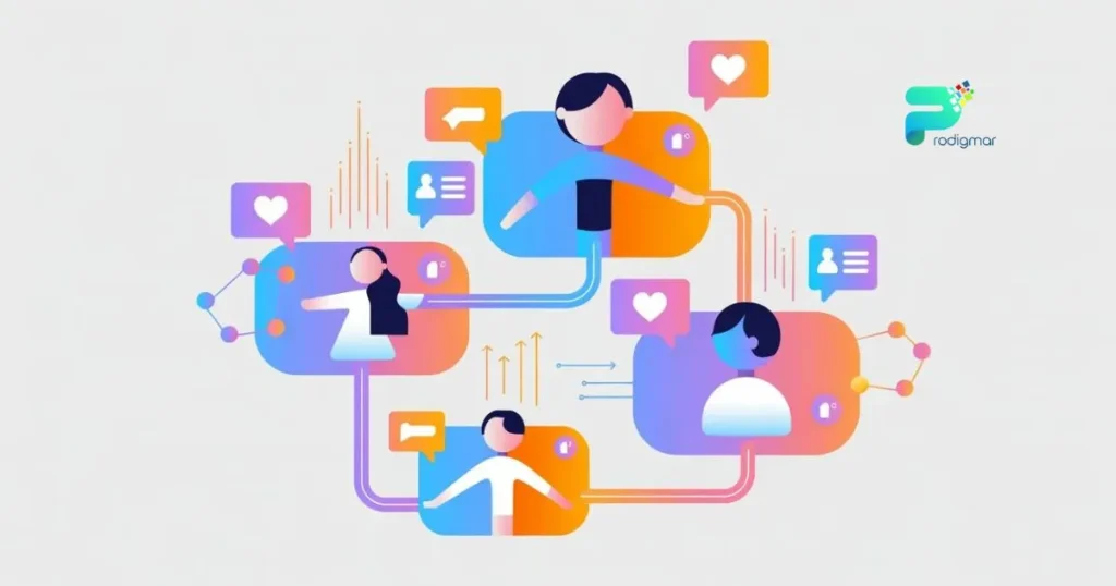 Social media marketing illustration showing engagement, platforms, and community interaction. Social media marketing illustration showing engagement, platforms, and community interaction.