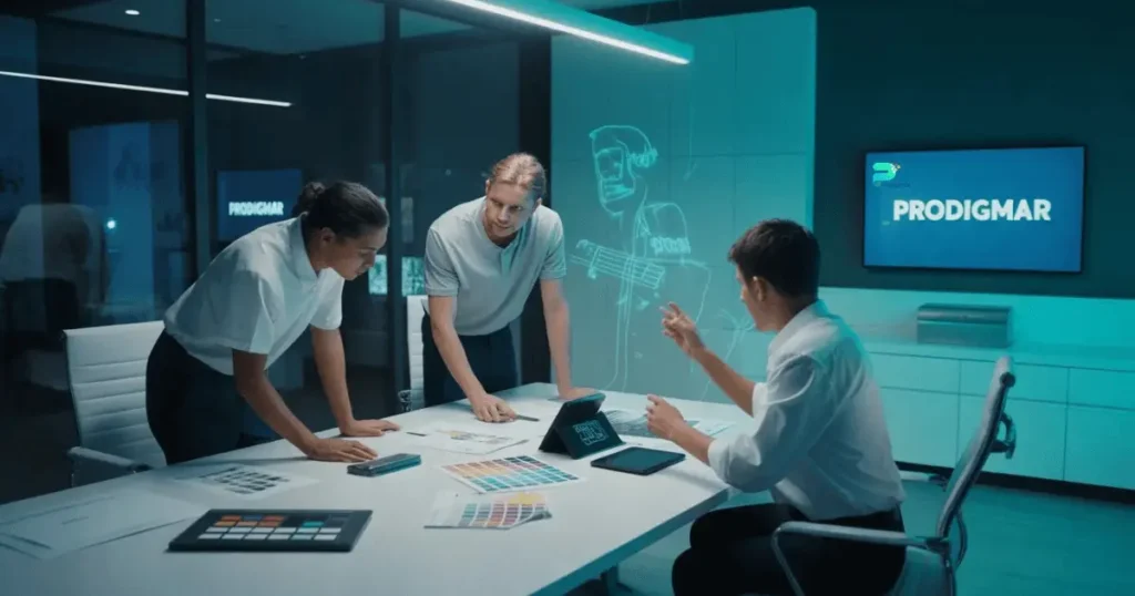 Creative design team at Prodigmar developing digital marketing visuals.