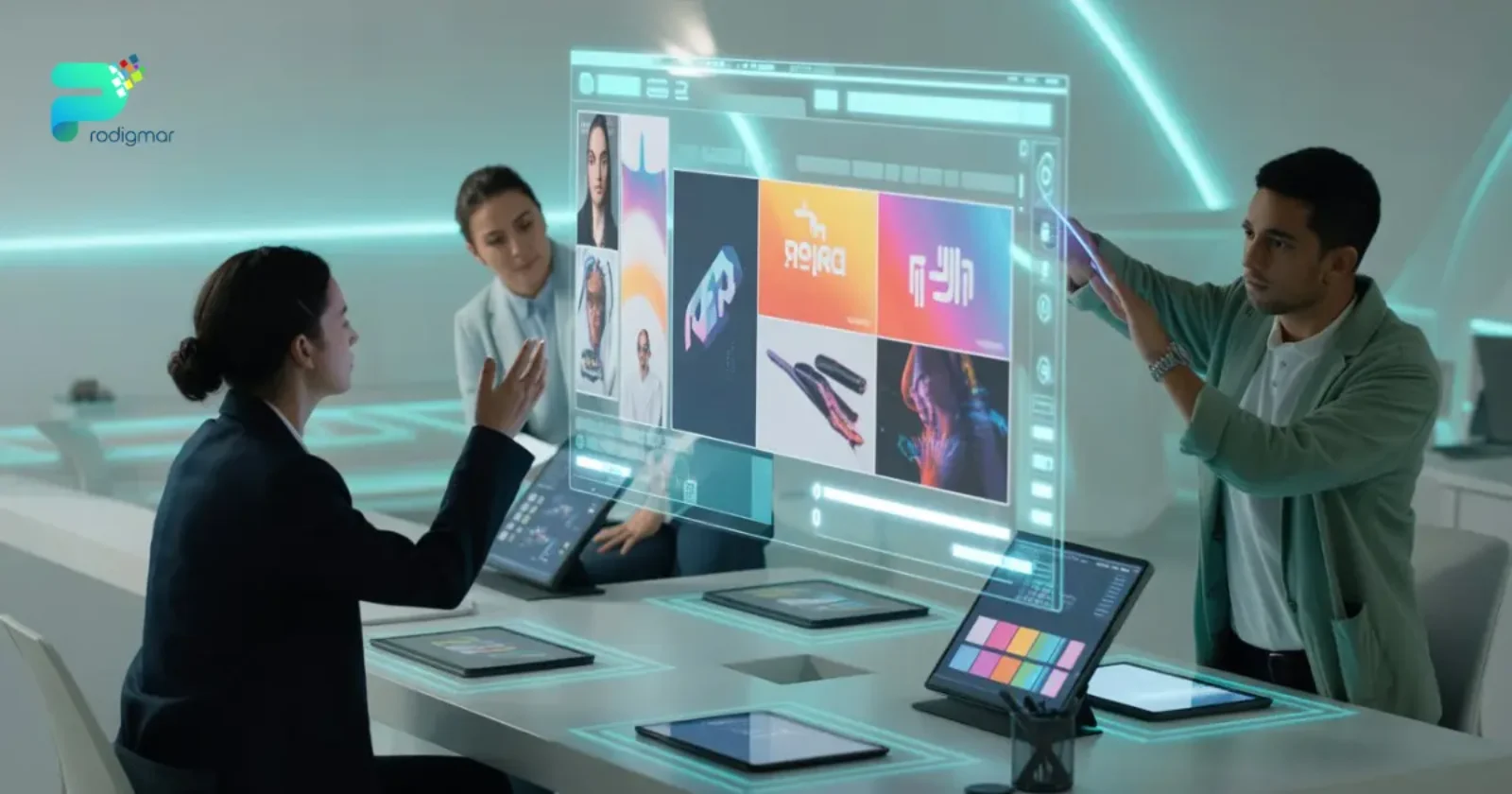 Futuristic graphic designers working in a digital studio with holographic branding visuals and neon blue-green accents, representing creative storytelling by Prodigmar.