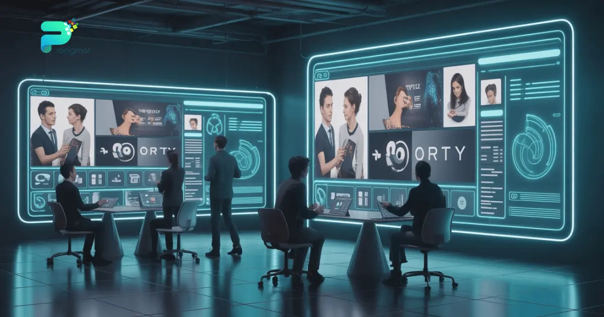 Futuristic graphic designers working in a digital studio with holographic branding visuals and neon blue-green accents, representing creative storytelling by Prodigmar.