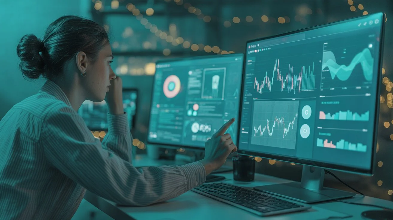 Marketer analyzing creative visuals and campaign performance data.