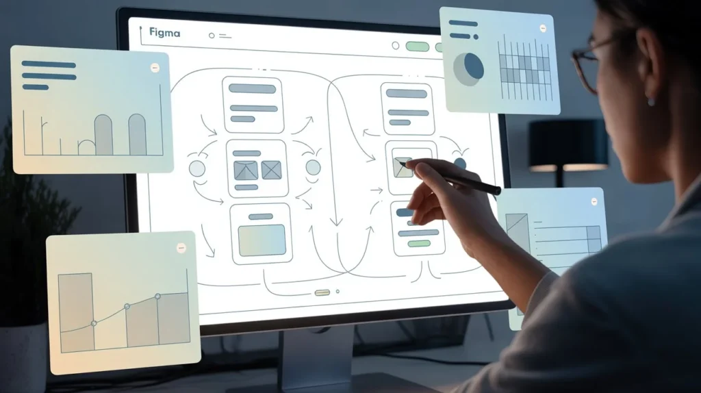 a-digital-mockup-of-a-user-interface-wir Designer creating wireframes and user flow mockups using Figma for website UX/UI.