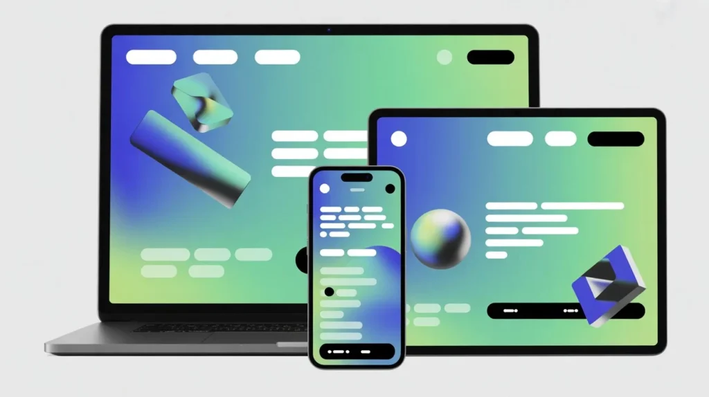 Responsive website screens on laptop, tablet, and mobile, featuring bold typography, 3D elements, and Prodigmar brand colors (#12B5E4, #35FBAC), illustrating modern Website Design Trends and conversion-focused web design.