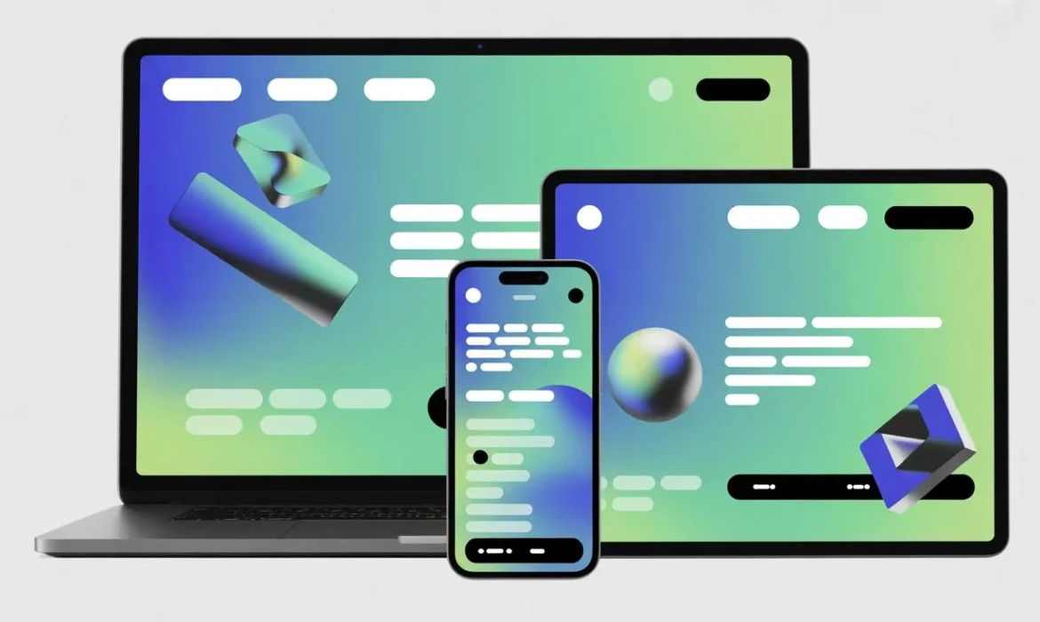 Responsive website screens on laptop, tablet, and mobile, featuring bold typography, 3D elements, and Prodigmar brand colors (#12B5E4, #35FBAC), illustrating modern Website Design Trends and conversion-focused web design.