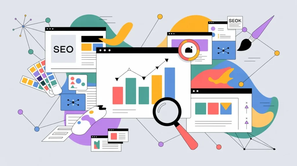 Integration of SEO analytics and web design elements for optimization.