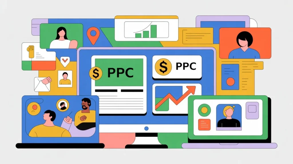 a-modern-flat-design-digital-illustratio_kfZak2TjSrKIlAyzJwQRhw_xoxuEj-LTPGzxa1j4tLNjw Illustration of paid advertising campaigns with charts and audience targeting.