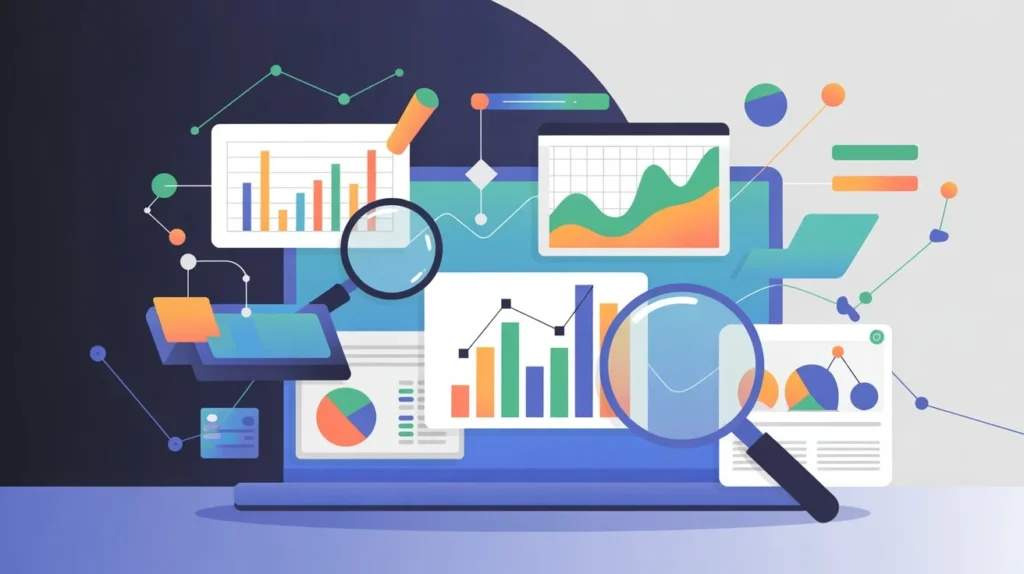 a-modern-flat-design-illustration-showca_zjdftAMoRdqu8Oz4BMZnvQ_i3Ai2rCwSySx1GHdROO56w Data analytics and optimization illustration showing dashboards, charts, and insights.