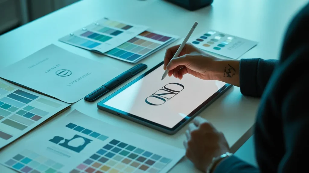 Creative professional designing logo concepts for brand identity.