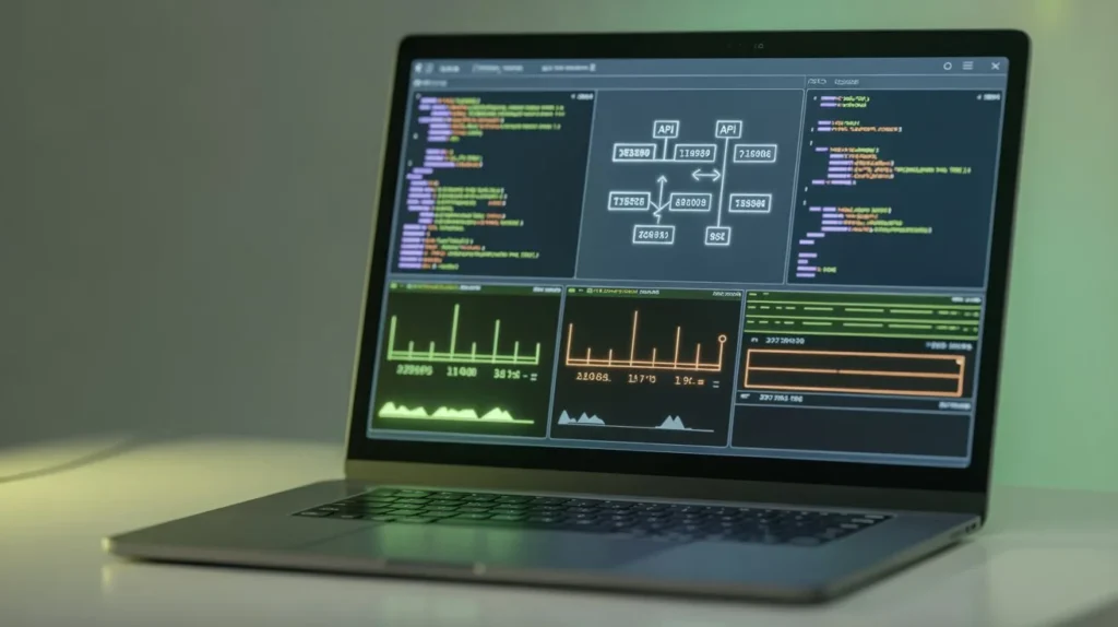 a-photograph-of-a-modern-laptop-display-code Developer coding front-end and back-end with performance metrics on a laptop screen.