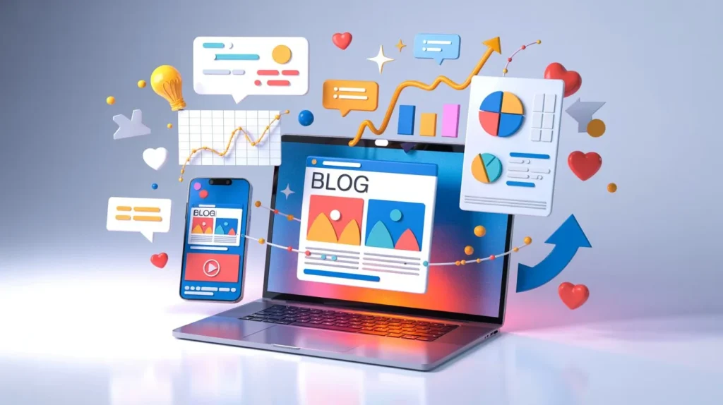 a-vibrant-digital-illustration-showcasin_TLNj-a-9QuuLKpdpn9s01A_RDoj1HOtSWyo0RZK6aiN8w High-impact content marketing illustration featuring blogs, videos, and infographics for audience engagement.