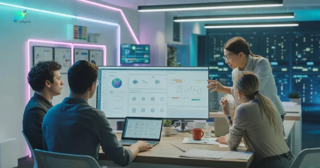 Team collaborating on web design and development with analytics dashboards in a modern office