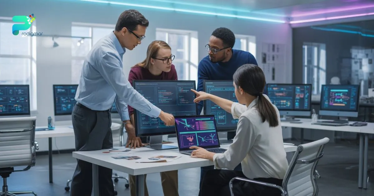 digital-gency-workspace-hero Team collaborating on web design and development with analytics dashboards in a modern office