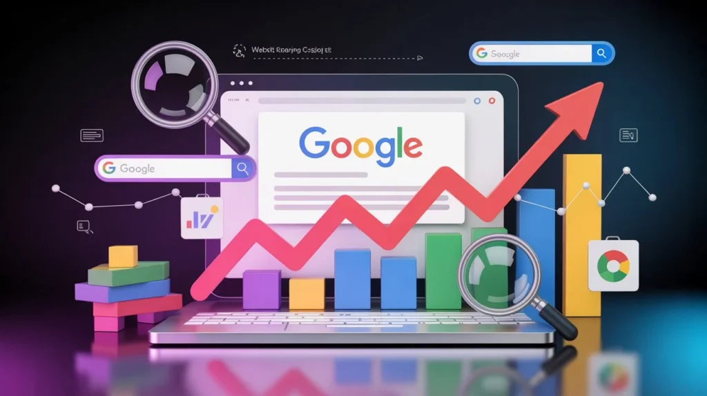 futuristic-visualization-of-seo-showing-_eVpWSCG6QeGixSDBpqsSNg_KuZ0xcJeSIyVg_-3YV0umA SEO concept illustration showing search rankings, graphs, and keyword optimization.