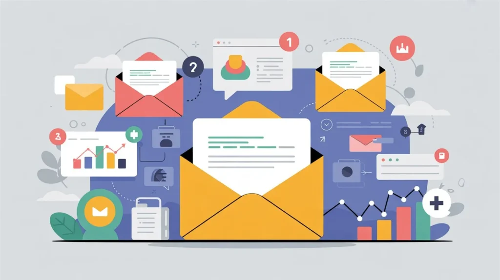 illustration-showing-automated-email-mar_TglA-WznQPe2dPpQ6XZJog_Aee32VS6ThG4nYkOFmCePw Email marketing workflow illustration with automated, personalized email messages.