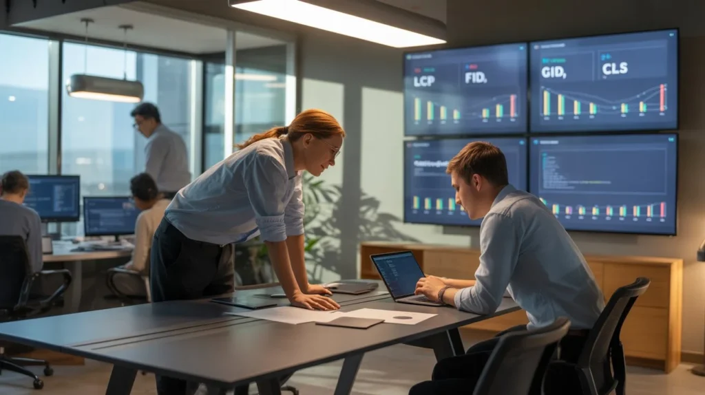 Designers and developers collaborating to optimize Core Web Vitals and website performance. Designers and developers collaborating to optimize Core Web Vitals and website performance.