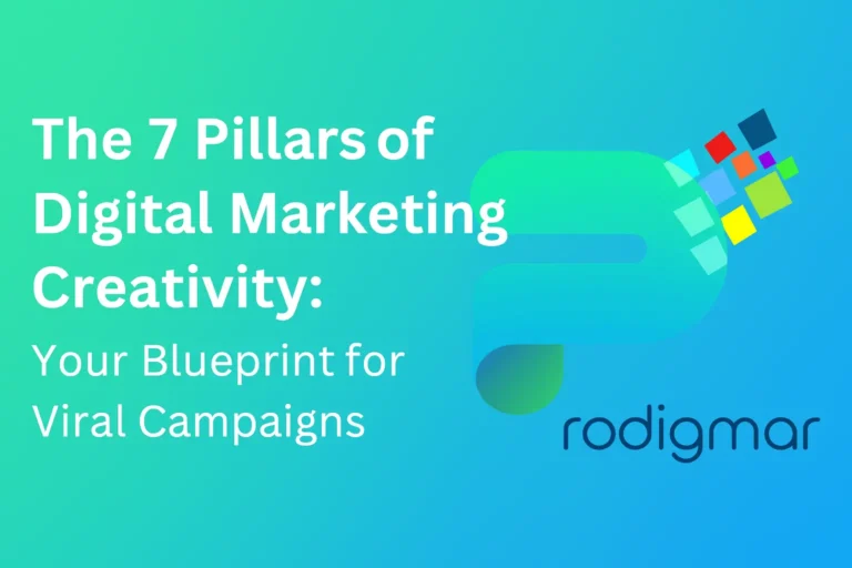 Prodigmar banner featuring the gradient P logo in green–blue colors with colorful digital squares, alongside the title ‘The 7 Pillars of Digital Marketing Creativity: Your Blueprint for Viral Campaigns’ on a smooth turquoise background.