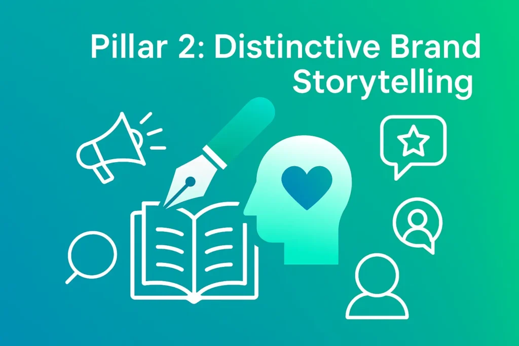 Modern infographic for Pillar 2: Distinctive Brand Storytelling, featuring a turquoise gradient background with icons of a fountain pen, open book, megaphone, star rating bubble, and a human head symbolizing emotional storytelling.