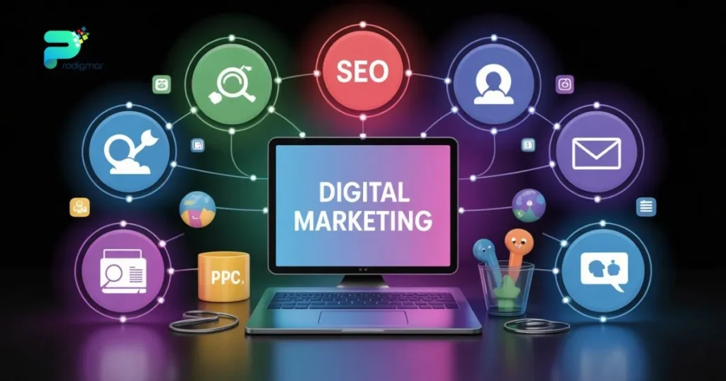 Hero image showing interconnected digital marketing icons representing the 7 core pillars of modern digital marketing.