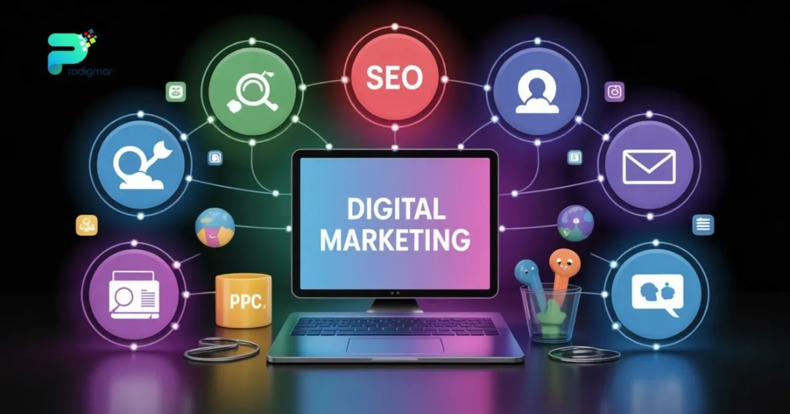 Hero image showing interconnected digital marketing icons representing the 7 core pillars of modern digital marketing.