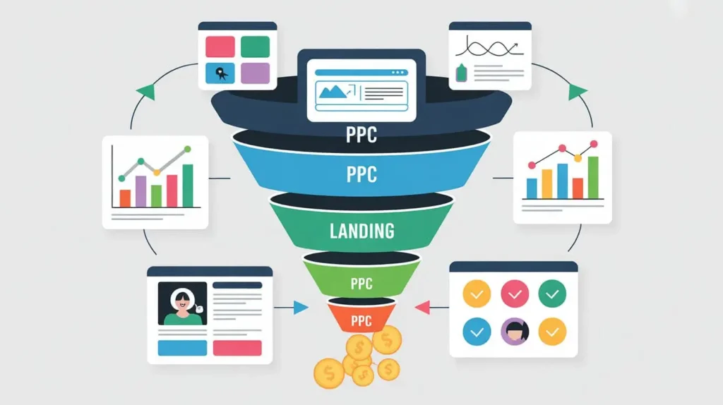 Full PPC funnel illustration showing ads flowing to conversions and revenue.