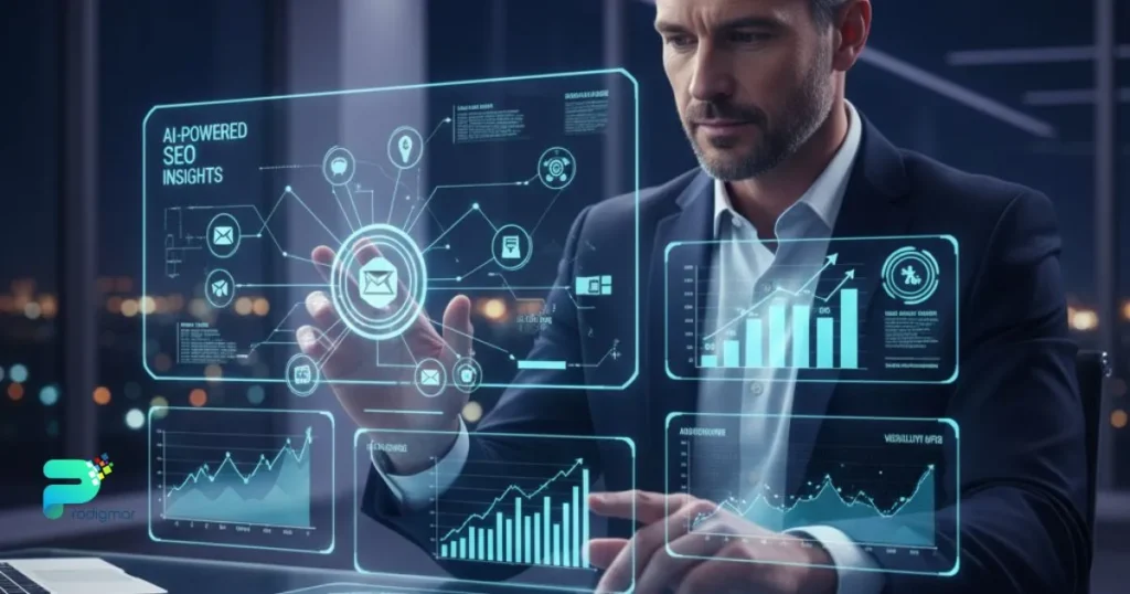 Illustration showing an adaptive SEO strategy for 2026 with AI insights, visibility metrics, and modern digital marketing analytics