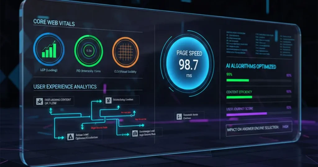 AI analyzing page speed and user experience for answer engine optimization in 2026