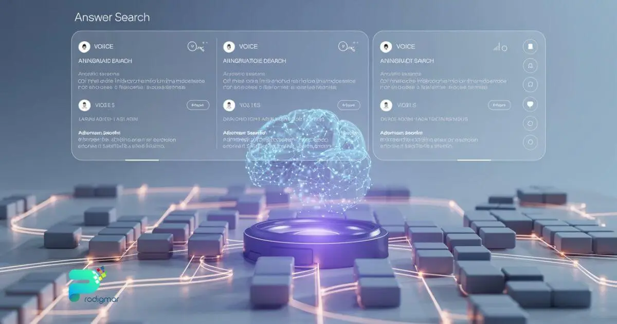 AEO Trends 2026 illustration showing AI-powered answer engines delivering structured search results