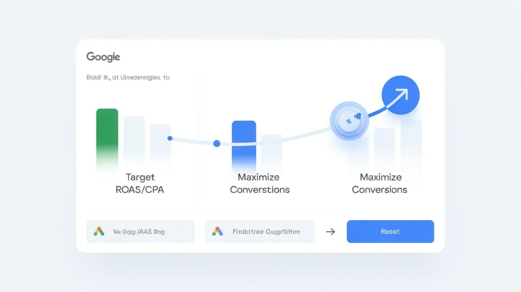 Resetting Google Ads bidding strategies to maximize conversions for campaign boost.